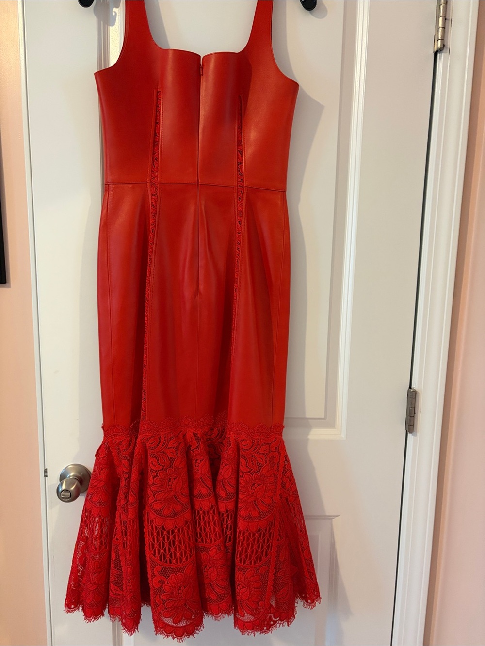 Alexander McQueen Lust Red Lace-Hem Leather Midi Dress - Picture 2 of 16